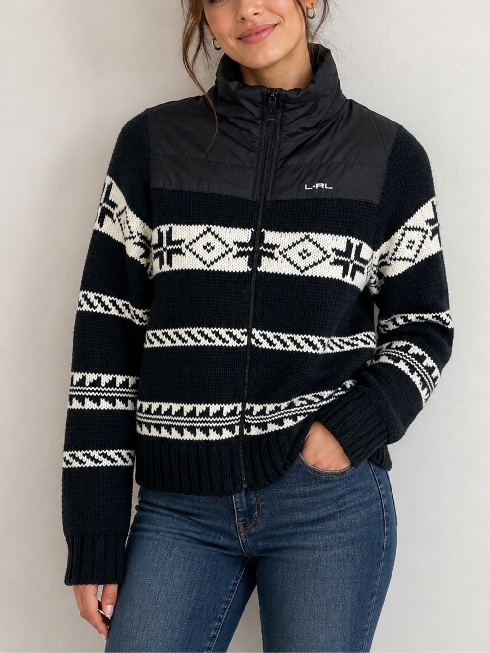 Ralph Lauren Black Ivory Fair Isle Full Zip Knit Jacket Small